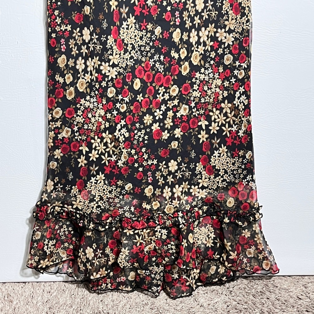 Vintage Meghan Matthers Floral Black and Red Midi Dress sz 10 - Picture 2 of 12